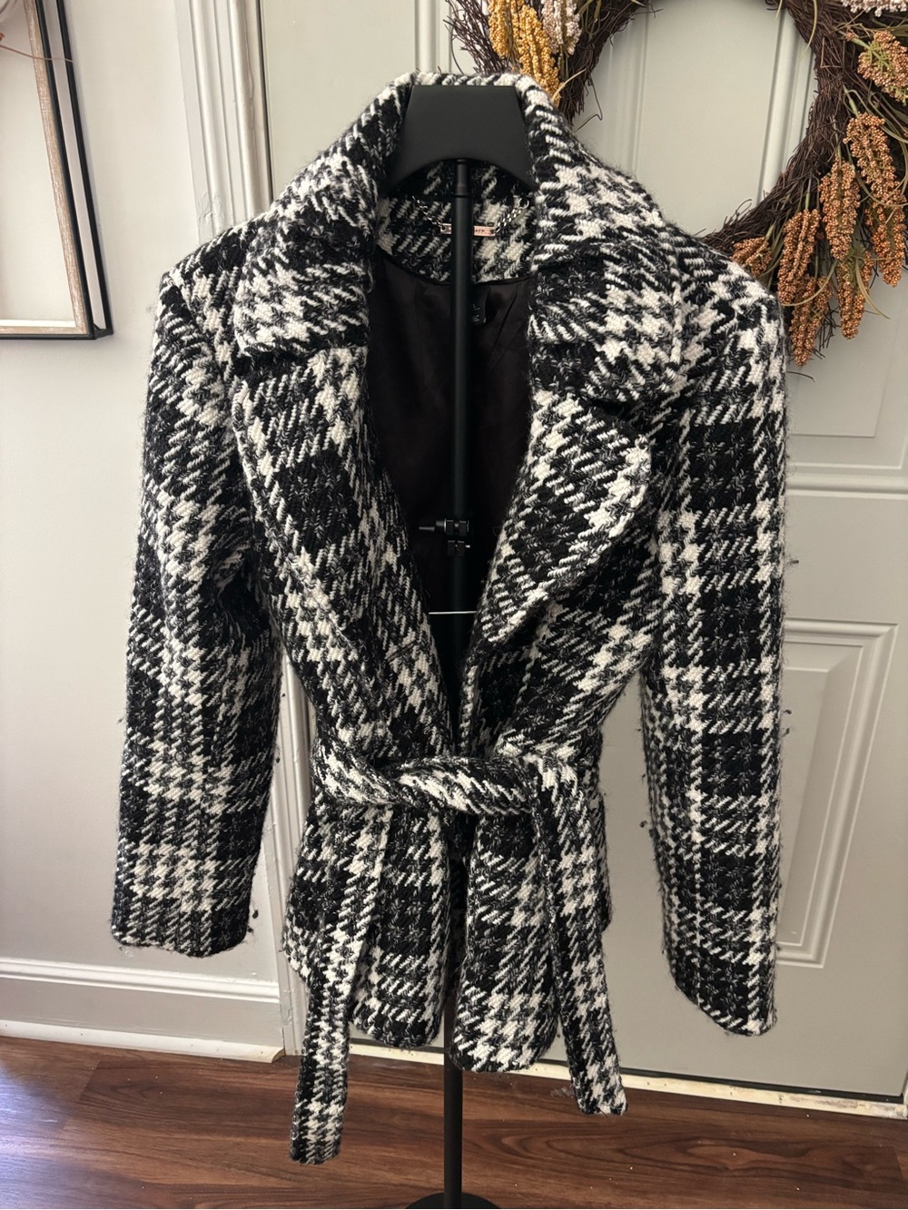 White House Black Market Wool Houndstooth Belted Women's Coat XL